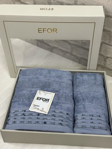 Подарочный набор полотенец для ванной 50х90, 70х140 Efor FITILLI хлопковая махра сине-серый, фото, фотография