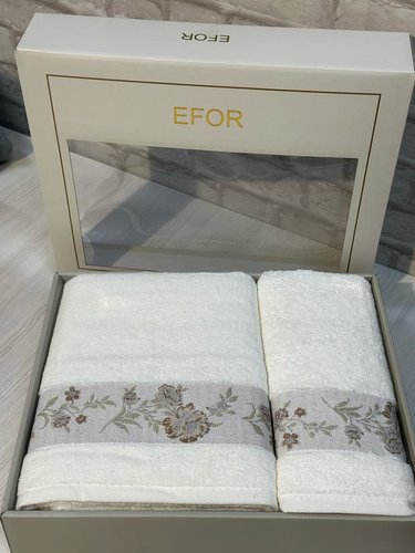 Подарочный набор полотенец для ванной 50х90, 70х140 Efor ЦВЕТЫ НА ВЕТКЕ хлопковая махра кремовый, фото, фотография
