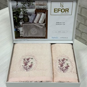 Подарочный набор полотенец для ванной 50х90, 70х140 Efor CICEK ARISI хлопковая махра персиковый