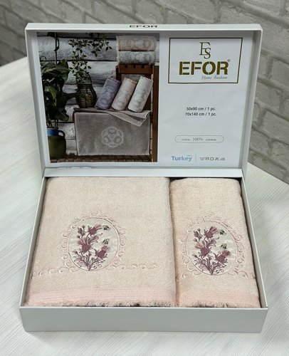 Подарочный набор полотенец для ванной 50х90, 70х140 Efor CICEK ARISI хлопковая махра персиковый, фото, фотография