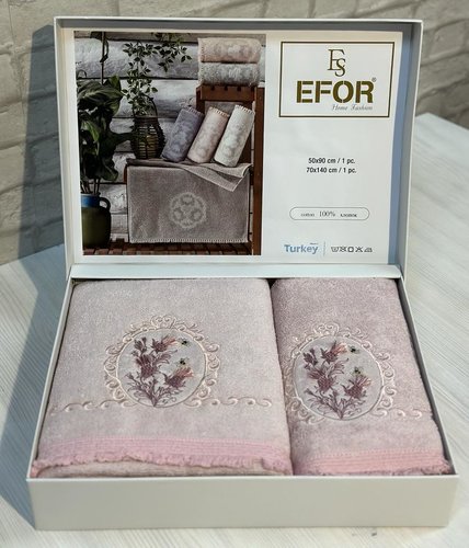 Подарочный набор полотенец для ванной 50х90, 70х140 Efor CICEK ARISI хлопковая махра сухая роза, фото, фотография