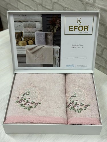 Подарочный набор полотенец для ванной 50х90, 70х140 Efor CICEK SEPETI хлопковая махра сухая роза, фото, фотография