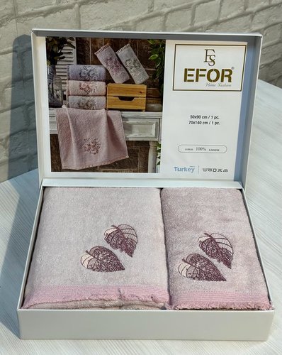 Подарочный набор полотенец для ванной 50х90, 70х140 Efor LEAF TIME хлопковая махра сухая роза, фото, фотография