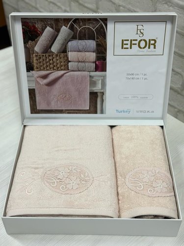 Подарочный набор полотенец для ванной 50х90, 70х140 Efor MOTIF GUPUR хлопковая махра персиковый, фото, фотография