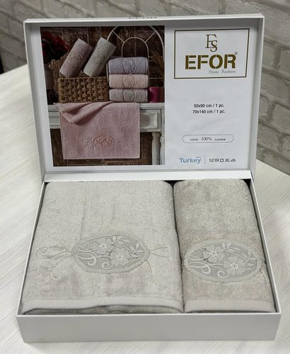 Подарочный набор полотенец для ванной 50х90, 70х140 Efor MOTIF GUPUR хлопковая махра серо-бежевый, фото, фотография