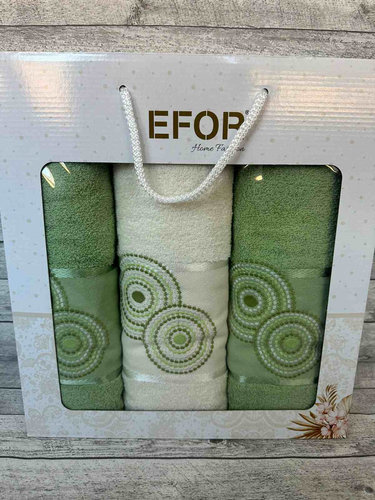 Подарочный набор полотенец для ванной 50х90(2), 70х140(1) Efor NOKTALI DAIRE хлопковая махра зелёный, фото, фотография