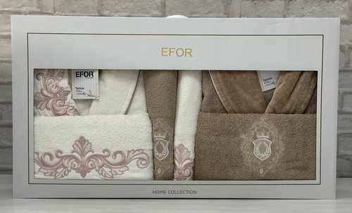 Набор халатов с полотенцами Efor NAKISLI хлопковая махра кремовый + кофейный L/XL, фото, фотография