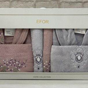 Набор халатов с полотенцами Efor NAKISLI хлопковая махра лиловый + серый L/XL