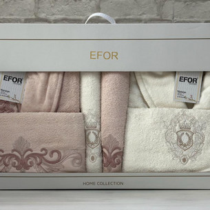 Набор халатов с полотенцами Efor NAKISLI хлопковая махра персиковый + кремовый L/XL