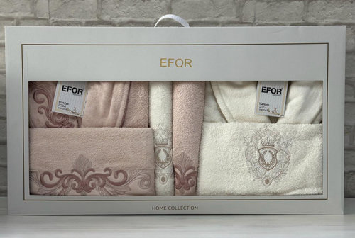 Набор халатов с полотенцами Efor NAKISLI хлопковая махра персиковый + кремовый L/XL, фото, фотография