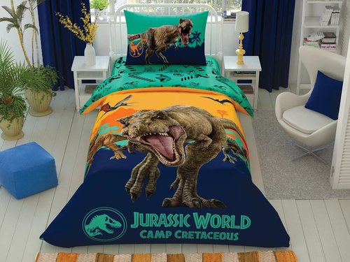 Детское постельное белье TAC JURASSIC WORLD CAMP хлопковый ранфорс 1,5 спальный, фото, фотография