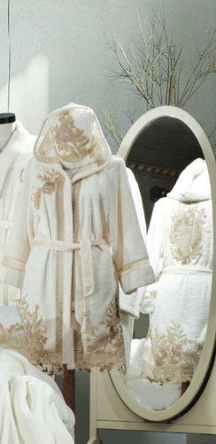 Подарочный набор с халатом Zebra Casa FLORA бамбуко-хлопковая махра krem+capp M/L, фото, фотография