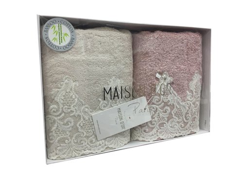 Набор полотенец для ванной 2 пр. Maison Dor JASMIN хлопковая/бамбуковая махра бежевый/грязно-розовый, фото, фотография