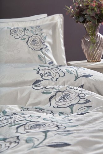 Постельное белье Grazie Home SOLIN хлопковый сатин-жаккард делюкс кремовый+серый евро, фото, фотография