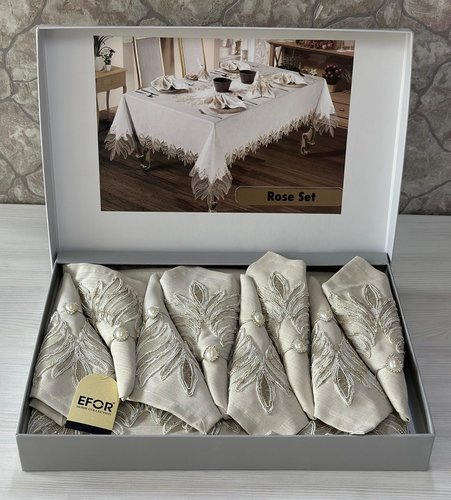 Скатерть прямоугольная с салфетками, кольцами Efor ROSE SET GARDENYA полиэстер капучино 160х220, фото, фотография