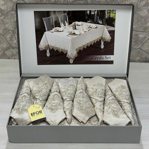 Скатерть прямоугольная с салфетками, кольцами Efor CEYDA SET велюр капучино 160х220