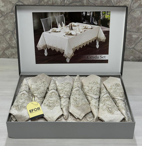 Скатерть прямоугольная с салфетками, кольцами Efor CEYDA SET велюр капучино 160х220, фото, фотография