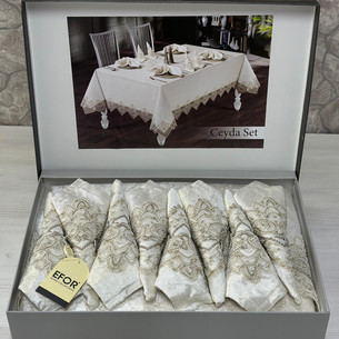 Скатерть прямоугольная с салфетками, кольцами Efor CEYDA SET велюр кремовый 160х220
