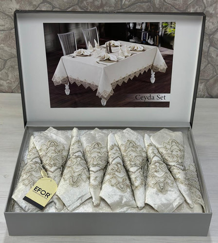 Скатерть прямоугольная с салфетками, кольцами Efor CEYDA SET велюр кремовый 160х220, фото, фотография