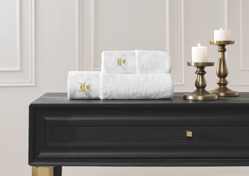 Подарочный набор полотенец для ванной 3 пр. + тапочки Tivolyo Home BEES хлопковая махра кремовый, фото, фотография