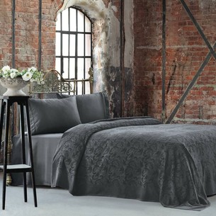 Постельное белье с махровой простынью-покрывалом Tivolyo Home BAROC хлопок антрацит евро