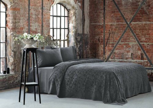 Постельное белье с махровой простынью-покрывалом Tivolyo Home BAROC хлопок антрацит евро, фото, фотография