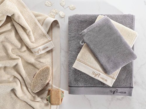 Набор полотенец для ванной 32х50, 50х100, 75х150 Soft Cotton AURA хлопковая махра светло-серый, фото, фотография