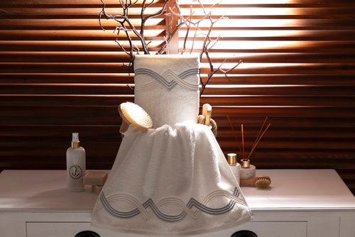 Подарочный набор полотенец для ванной 2 пр. Tivolyo Home CROSS хлопковая махра кремовый+голубой, фото, фотография