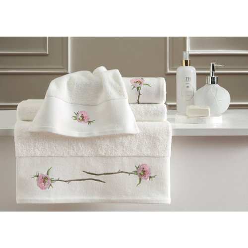 Подарочный набор полотенец для ванной 30х50, 50х100, 75х150 + спрей Tivolyo Home CLEMATIS BRODERY хлопковая махра кремовый, фото, фотография
