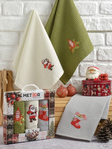 Подарочный набор полотенец для кухни 40х60(3) Meteor NEW YEAR хлопковая вафля V1, фото, фотография