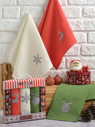 Подарочный набор полотенец для кухни 40х60(3) Meteor NEW YEAR хлопковая вафля V2, фото, фотография