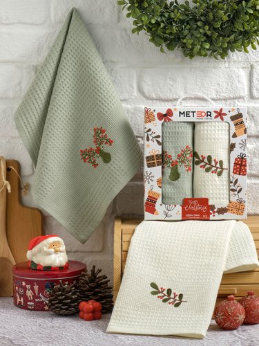 Подарочный набор полотенец для кухни 40х60(2) Meteor NEW YEAR хлопковая вафля V3, фото, фотография