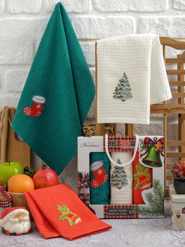 Подарочный набор полотенец для кухни 40х60(3) Meteor TREE хлопковая вафля V3, фото, фотография