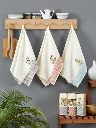 Подарочный набор полотенец для кухни 45х65(3) Meteor DAMA MUSHROOM хлопковая вафля, фото, фотография