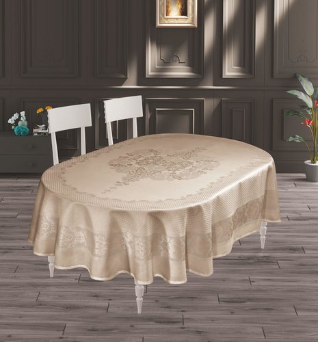 Скатерть овальная DO&CO VIYANA жаккард капучино 160х220, фото, фотография