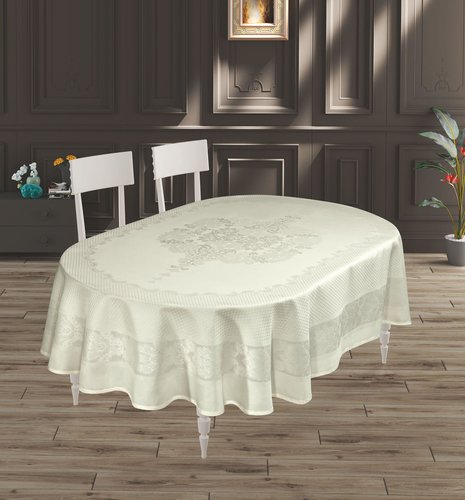 Скатерть овальная DO&CO VIYANA жаккард кремовый 160х220, фото, фотография