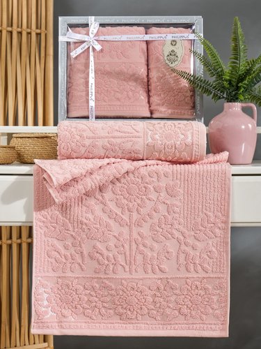 Подарочный набор полотенец для ванной 50х90, 70х140 Philippus LYDIA хлопковая махра пудра, фото, фотография