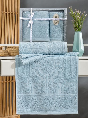 Подарочный набор полотенец для ванной 50х90, 70х140 Philippus LYDIA хлопковая махра бирюзовый, фото, фотография