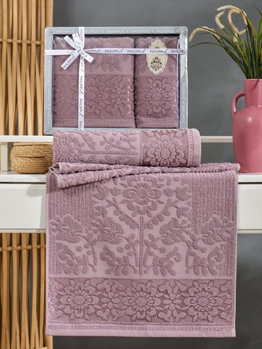 Подарочный набор полотенец для ванной 50х90, 70х140 Philippus LYDIA хлопковая махра баклажан, фото, фотография