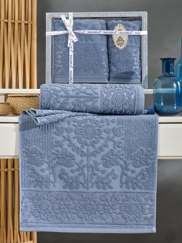 Подарочный набор полотенец для ванной 50х90, 70х140 Philippus LYDIA хлопковая махра голубой, фото, фотография