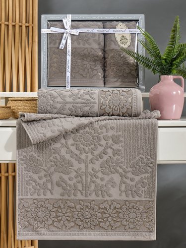 Подарочный набор полотенец для ванной 50х90, 70х140 Philippus LYDIA хлопковая махра бежевый, фото, фотография