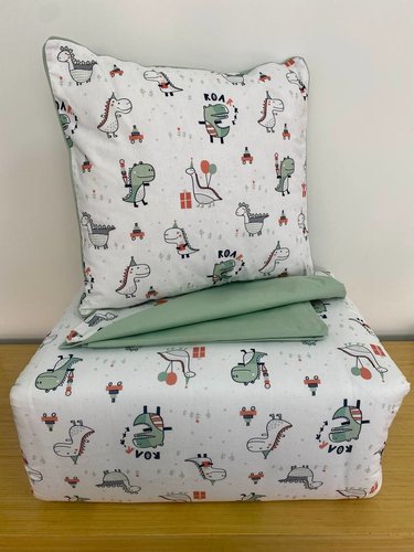 Детское постельное белье в кроватку с одеялом и подушкой Maison Dor BEBICO DINOSAURE хлопковый сатин зелёный, фото, фотография