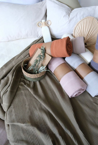 Плед-покрывало пике Karven PURE SIMPLE хлопковая вафля krem 210х235, фото, фотография