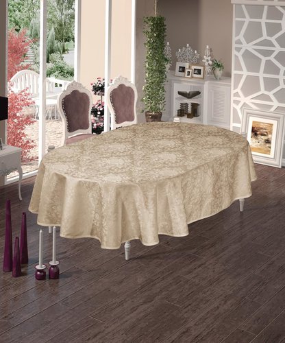 Скатерть овальная DO&CO BEGONYA жаккард капучино 160х220, фото, фотография