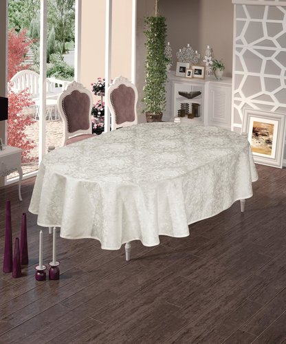 Скатерть овальная DO&CO BEGONYA жаккард кремовый 160х220, фото, фотография
