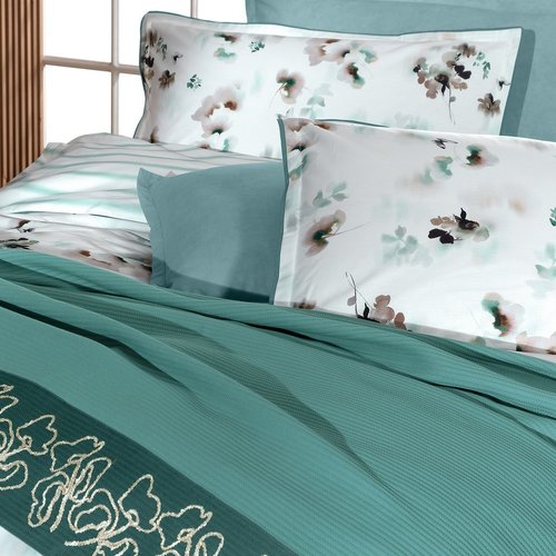 Постельное белье с покрывалом Sarev EVA JADON хлопковый поплин yesil евро, фото, фотография