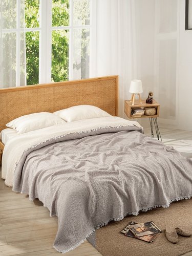 Плед-покрывало Karven CLASSICAL хлопковый муслин acik gri 220х240, фото, фотография