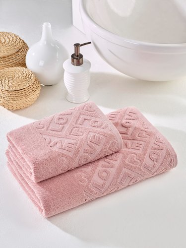 Подарочный набор полотенец для ванной 50х90, 70х140 Meteor LOWE хлопковая махра брусничный, фото, фотография