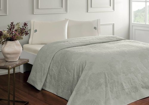 Постельное белье без пододеяльника с покрывалом Tivolyo Home MONSTERA хлопок серый евро, фото, фотография