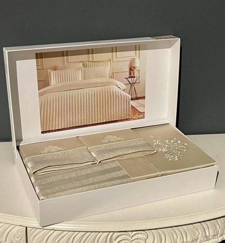 Постельное белье Tivolyo Home LINERA сатин делюкс бежевый евро, фото, фотография